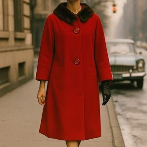 Vintage Annshire Red Wool Coat Real Mink Fur Collar Size 7 50s 60s Glam